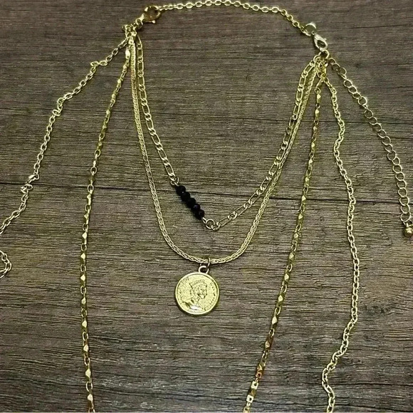 Gold Tone Four Strand Coin and Lion Pendants Necklace - Picture 5 of 7